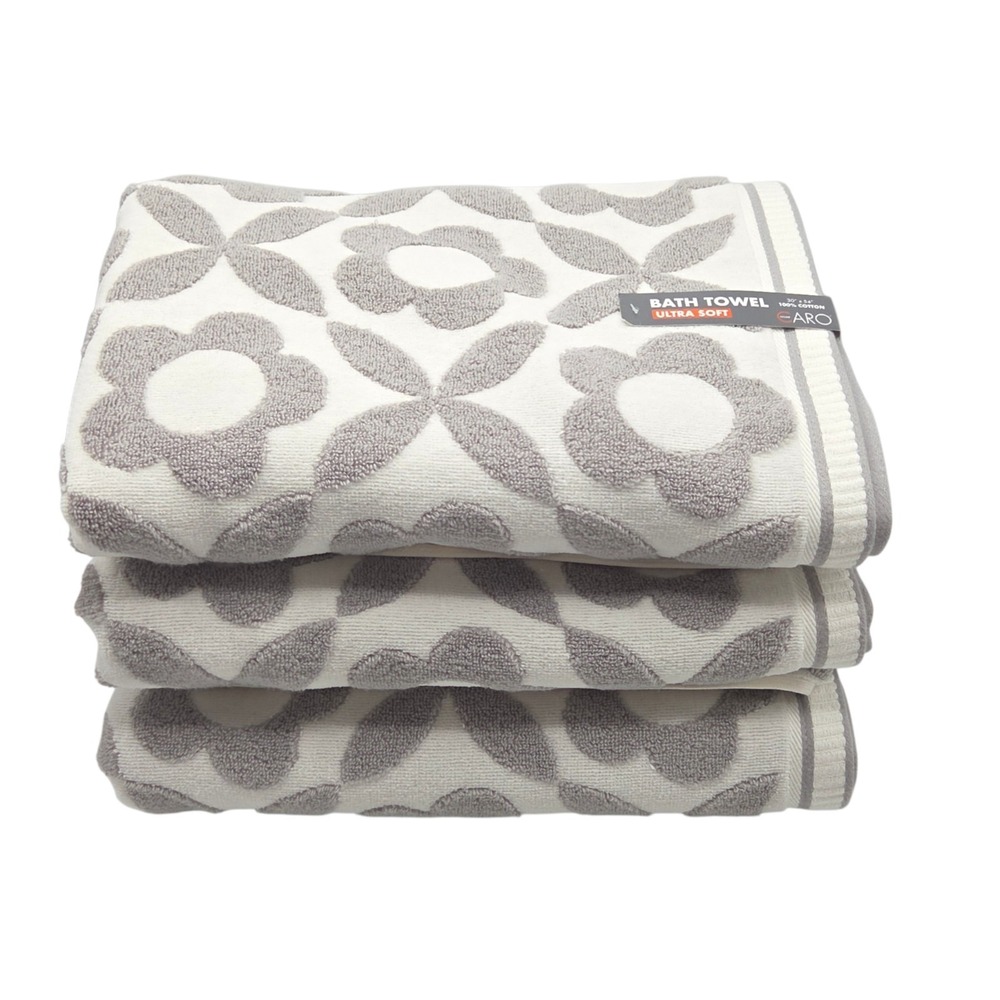 Caro Home 4pc Gray White Daisy Days Raised Floral Bath Towels 30x54 - Picture 6 of 8